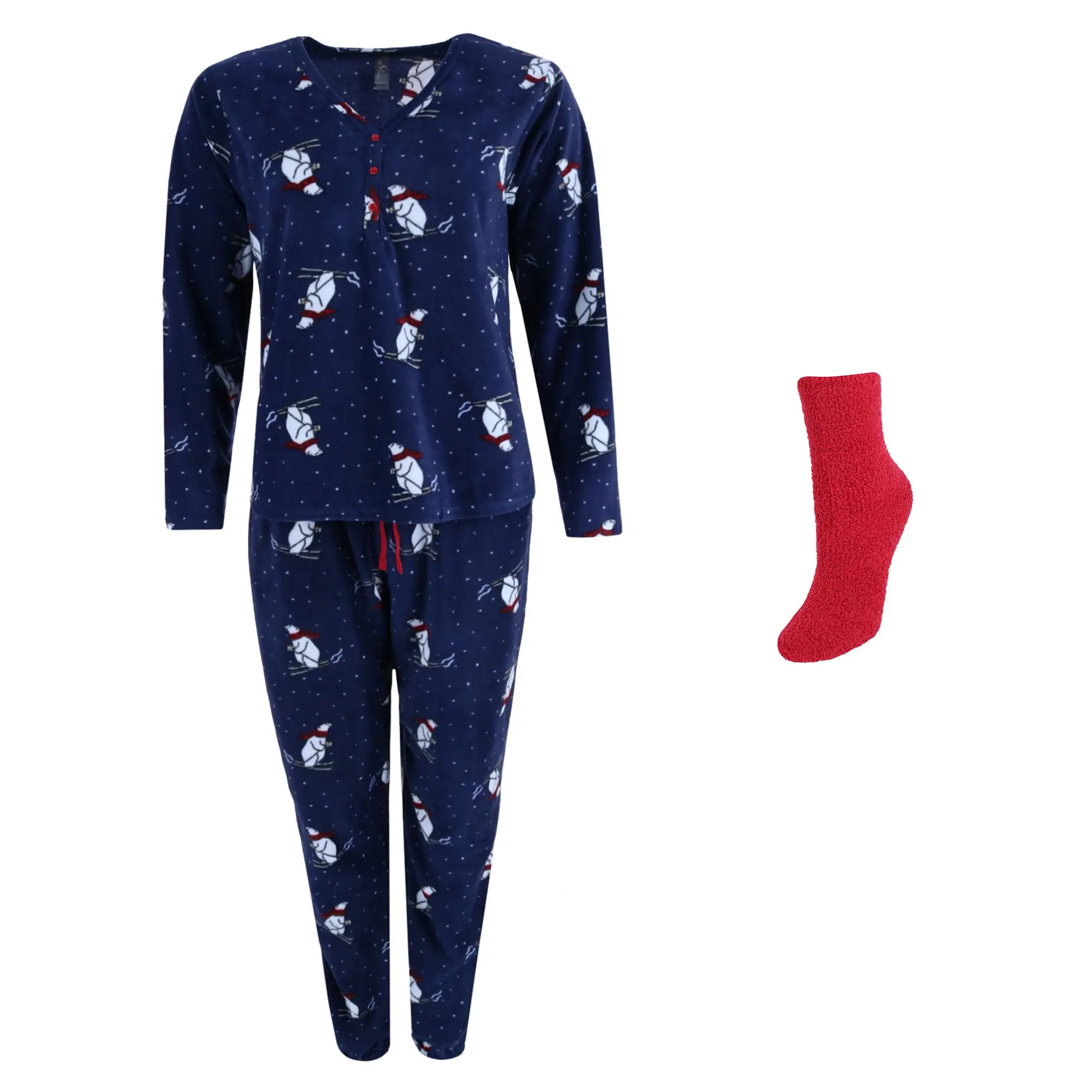 PJ Couture Women's Soft Polar Bear 3-Piece Pajama Set, Long Sleeve Henley Nightwear with Open Bottom Pants and Fuzzy Socks, Fabric