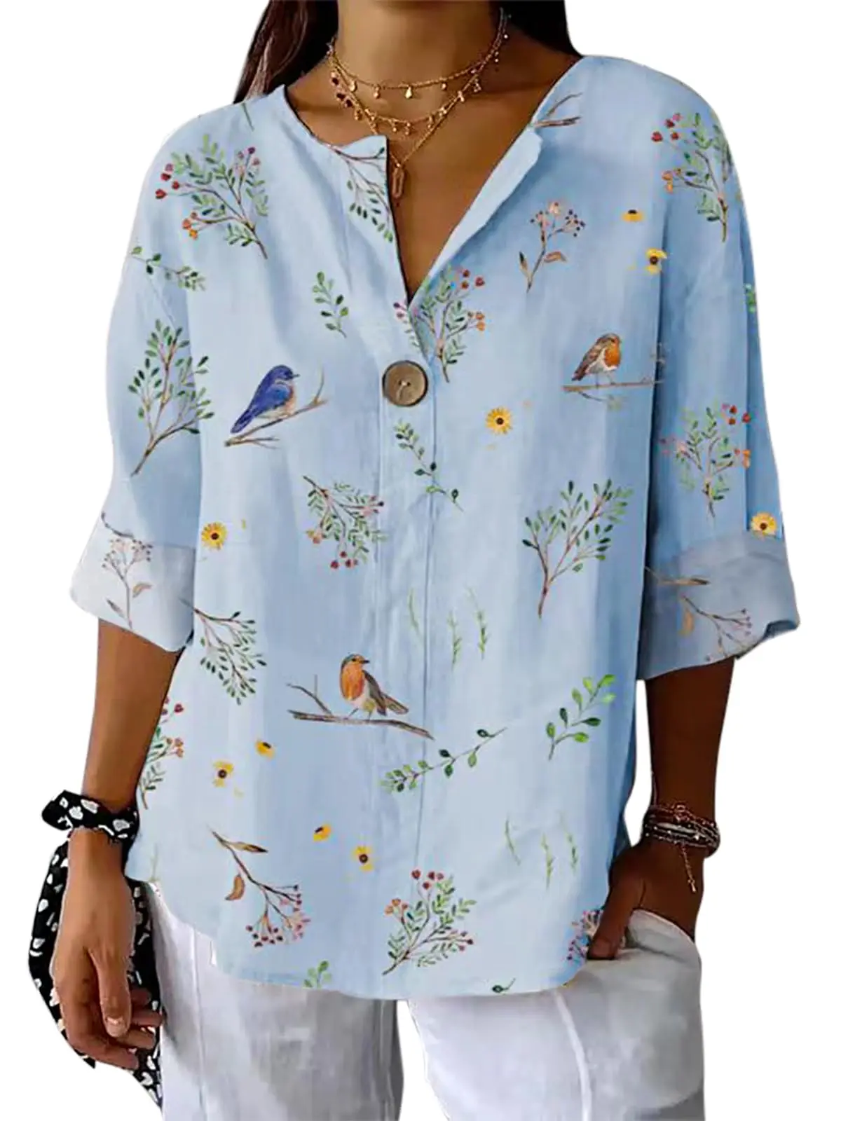 Women's Floral Bird Print V-Neck Tunic Top, Casual Loose Fit Pullover with 3/4 Cuffed Sleeves, Lightweight Breathable Summer Blouse, Tops For Women, Half Sleeve, Hippie Style, Shirts For Women, Layering Outfits