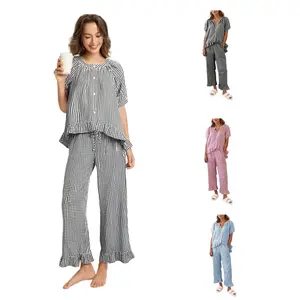 Gingham Pajama Set for Women 2 Piece Plaid Cotton Button Down Top and Pants Ruffle Babydoll Pjs Lounge Sets