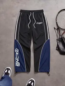 Men's Casual Sporty Long Pants, Colorblock Design, Waist Drawstring, Fashion Print, Simple Trendy Style, Perfect for Daily Wear, Casual Sporty Trousers
