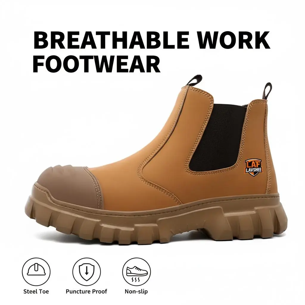 Lightweight Brown Industrial Shoes, Steel Toe Safety Sneakers, Anti Slip Tread, Splash Proof Upper and Anti Puncture Plate for Roofing, Renovation and Jobsite Protection