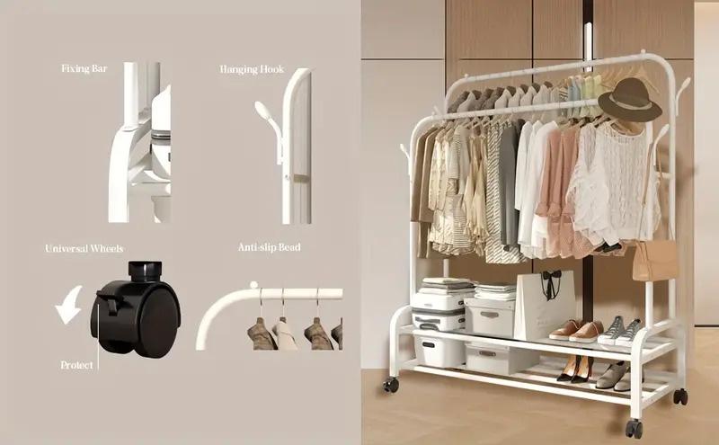 Sturdy Metal Double Rod Garment Rack with Wheels Portable Clothes Rack with Shelves and Hooks Heavy Duty Hanging Organizer for Clothes Bedroom Laundry Closet White