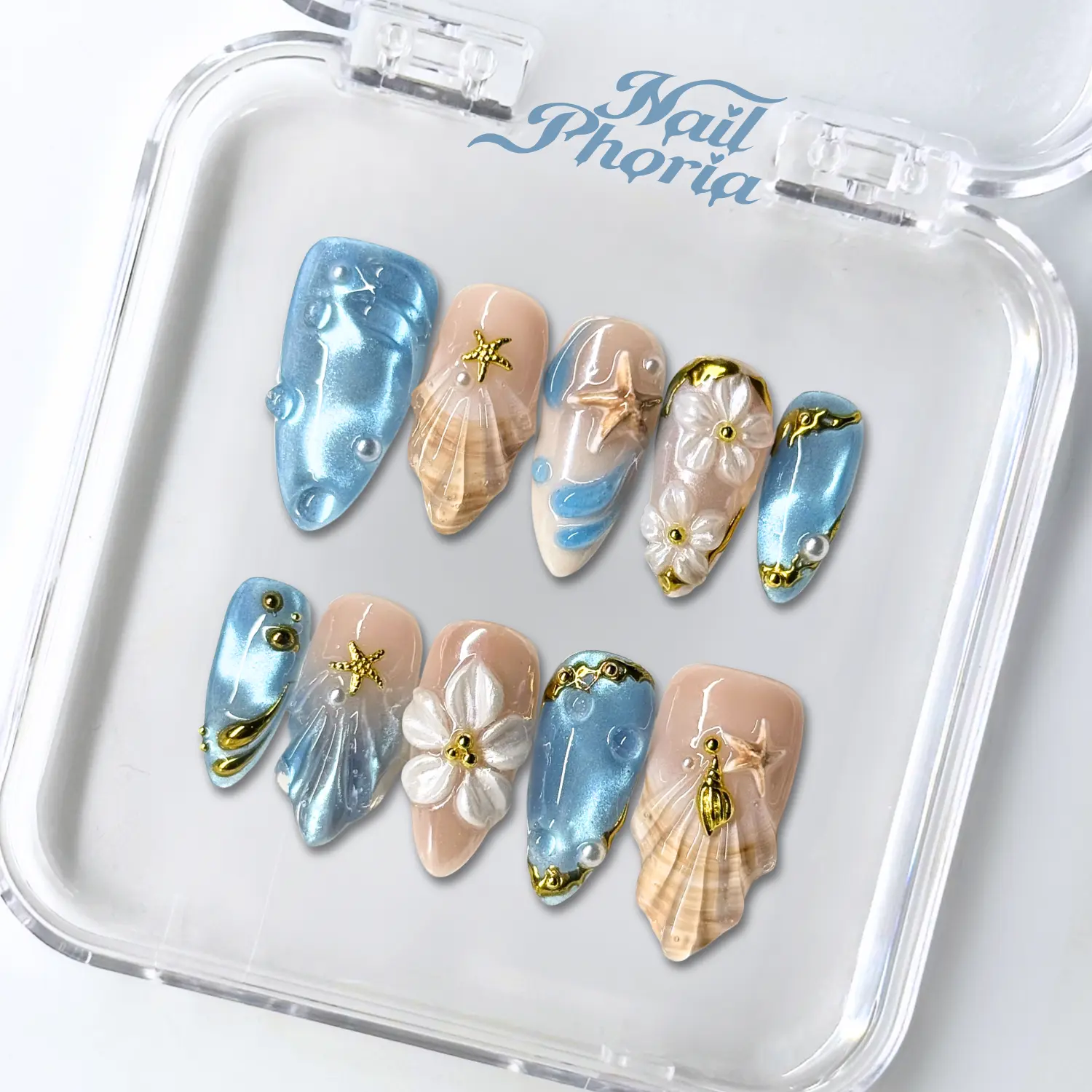 NailPhoria ETHEREAL TIDE -SUMMER Handmade Press-On Nails | Reusable, Salon-Quality, Long-Lasting, Glossy Design