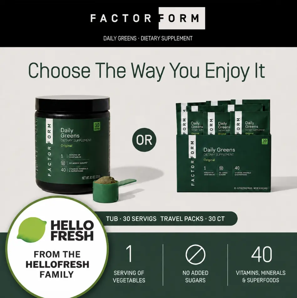 Factor Form Daily Greens Original Dietary Supplement - 2B CFU Probiotics for Gut Health, 40 Vitamins & Minerals, Superfoods for Optimal Absorption, Smooth & Nutrient-Dense