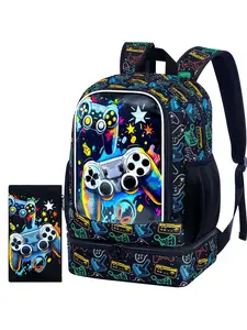2 In 1 Game Console Backpack for Boys, 17" Kids Bookbag with Lunch Box, School Backpacks for Elementary Preschool Kindergarten (Black)