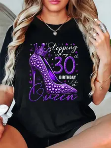 100% Cotton T shirts 30 Year Old Gifts High Heels Stepping Into My 30th Birthday T-Shirt Breathable & Comfort Fit Tee Women,Short Sleeve Crew Neck Top for All Seasons,Graphic Tees Women Tops