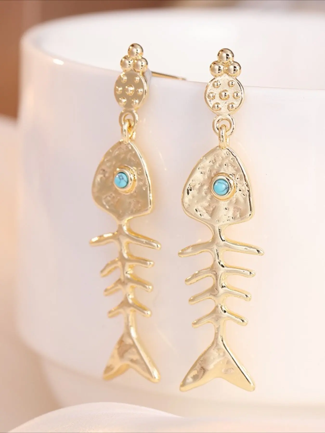 Ladies' Dangling Fishbone Shaped Earrings with Synthetic Turquoise Inlaid Eyes As A Gift for Daily Vacation Temperament Earrings Jewelry Turquoise Dangle Earrings