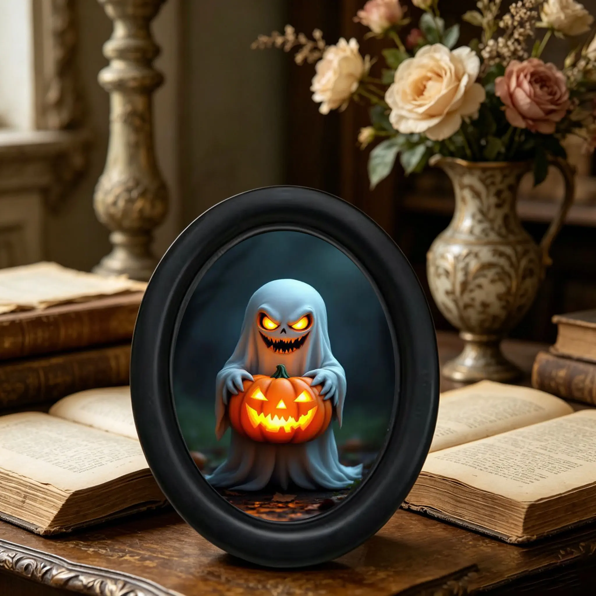 Halloween Ghost Holding Pumpkin Decoration Art, Dark Style Glowing Pumpkin Ghost, Home Decorative Painting, Unique Halloween Ornament