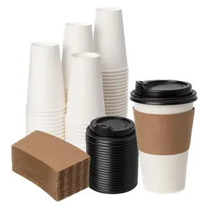 [16 oz 50 pack Coffee Cups with Lids & Sleeves, White Disposable Paper Cups, To Go Hot Cups for Coffee, Hot Liquid, Chocolate, cocoa, Hot Beverage Drinking Cup, Ideal for Cafes, Bistros
