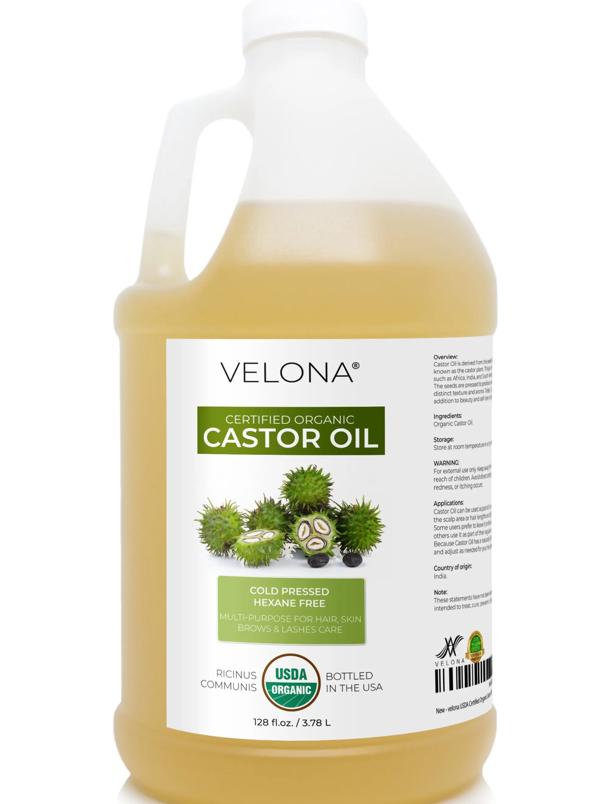 velona USDA Certified Organic Castor Oil - 1 Gallon / 128 fl oz | For Hair Growth, Boost Eyelashes, Eyebrows | Cold pressed, Natural Oil, USP Grade | Hexane Free, Lash Serum, Caster