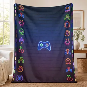 Video Game Controller Flannel Fleece Blanket Vibrant Neon Aesthetic Pattern UltraSoft Lightweight Plush Warmth Perfect for Gaming Room Setup Cozy Bedroom Bedding Decor Relaxing Sofa Couch Throw Gift