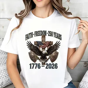 American Eagle Cross Faith Freedom Women's T-Shirt 1776 2026 Independence Day Patriotic Design Summer Casual Wear Gift For Her