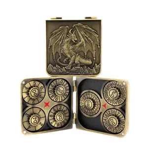 Dragon Metal Foldable 7-in-1 Spinning DND Dice Set All-Metal Construction Compact Travel-Friendly Quiet Spins Dragon-Inspired Design Antique Brass Finish Brown Leather Pouch