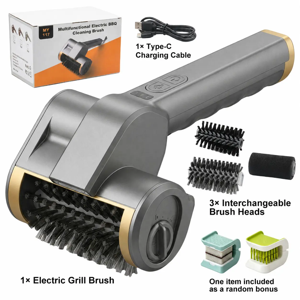 Electric Grill Brush | No Bristle Automatic Rotating | Wireless Rechargeable with LED Light | Stainless Steel Roller | Backyard BBQ Camping | Grill Cleaning Tool for BBQ Lovers tiktokshopspringglowup BBQ grill brush