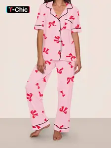 Women's Bow Print Pajama Set, Short Sleeve Button-Up Shirt and Long Pants, Fitted Comfortable Homewear for All Seasons