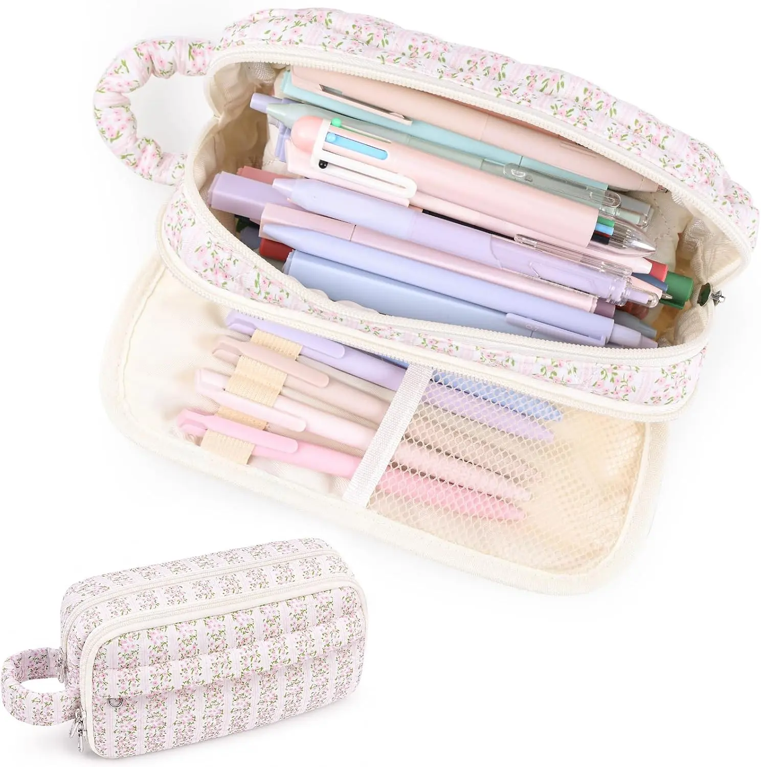 ZPARIK Quilted Pencil Case Pouch for Girls, Soft Puffy Floral Pen Case with Compartments & Handle, Aesthetic Cute Pen Bag Organizer for School Supplies, Machine Washable (Stripe Floral) Gift