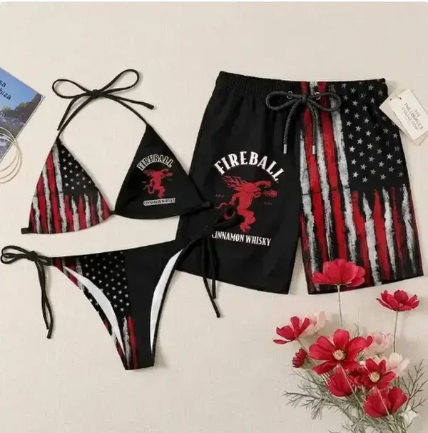 Fireball American Flag Matching Couple Swimwear Set, Women's Bikini & Men's Swim Shorts, Patriotic His & Hers 4th of July Swimsuits, Summer Beach Vacation & Pool Party Outfit
