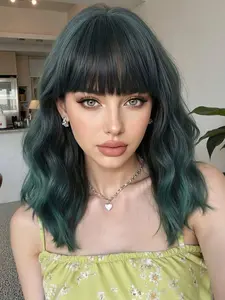 Dark Green Bob Wigs For Wome Curly Wavy Wigs With Bangs Short Heat Resistant Synthetic Wigs For Party Costume Daily Wear Colorful Wigs
