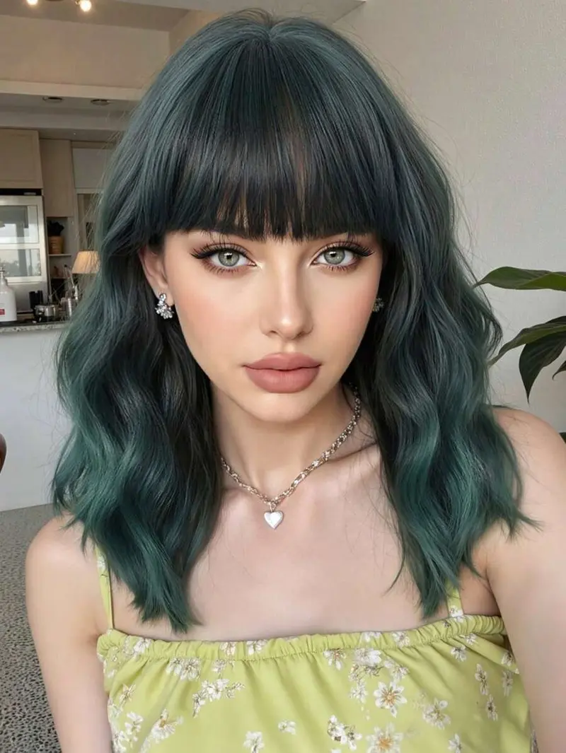 Dark Green Bob Wigs For Wome Curly Wavy Wigs With Bangs Short Heat Resistant Synthetic Wigs For Party Costume Daily Wear Colorful Wigs