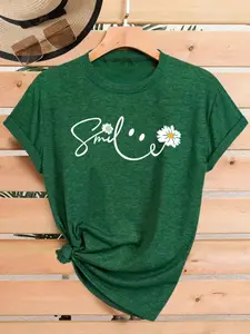 Women's Summer Casual Sporty Style Smile Floral Flower Print Knitwear Fitted Round Neck Short Sleeve T-Shirt S-XXL, Comfortable, Chic and Stylish Women's Clothing Top
