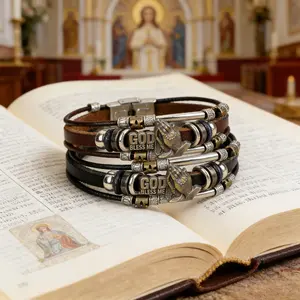 Men's PU Leather Cross Charm Bracelet, Adjustable Starp Design, Perfect Gift for Him, Casual Daily Wear Accessory, Stackable Bracelet