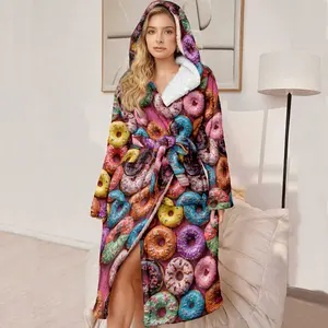 Plus Size Hooded Bathrobe for Women, Soft Plush Long Robe, Puffy Fluffy Ladies' Bathrobe, Donut Pattern, Gift for Mother Wife