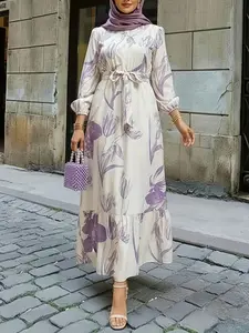 Elegant Women's Floral Print Dress, Maxi, Elastic Waist Patchwork Hem, Casual Daily Wear, Travel, Holiday, Vacation, Party