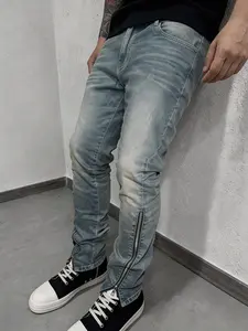 Blue Plain Fitted Elastic stretch Denim jeans, adjustable metal zippers at both hem sides, paired with natural fading vintage technique, a retro street must-have pants Streetwear Trouser