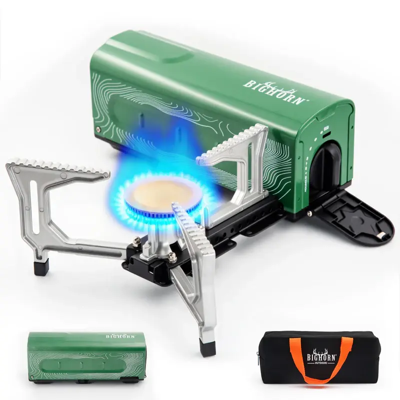 BIG HORN OUTDOORS Foldable Gas Burner Camping Cooker, 7500 BTU 2200W High Power Output Folding Stove with Cast Iron-Copper-Aluminium Construction, Non-Slip Pads, Carry Bag for Hiking, Emergency Use