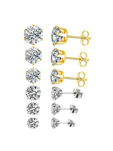 6 Pairs Stud Earrings Set, Hypoallergenic Cubic Zirconia 316L Earrings Stainless Steel CZ Earrings 3-8mm, Gold,silver
