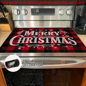 1 piece of 2D flat "Merry Christmas" red black checkered rubber stove cover protective cover, rural Christmas kitchen decoration, polyester anti slip pad, suitable for stoves/dryers/stoves, Christmas kitchens, family gatherings, 2D flat, Stove Top Covers
