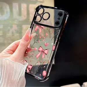 Compatible Phone Case iPhone 17 Pro Max 16 15 Plus Air 14 13 12 11 E Bow & Bloom Pattern Transparent Full Coverage Four Corners Anti-drop Casing/Suitable for Women/Men/Girls and Boys as Gifts/SJQNDD22