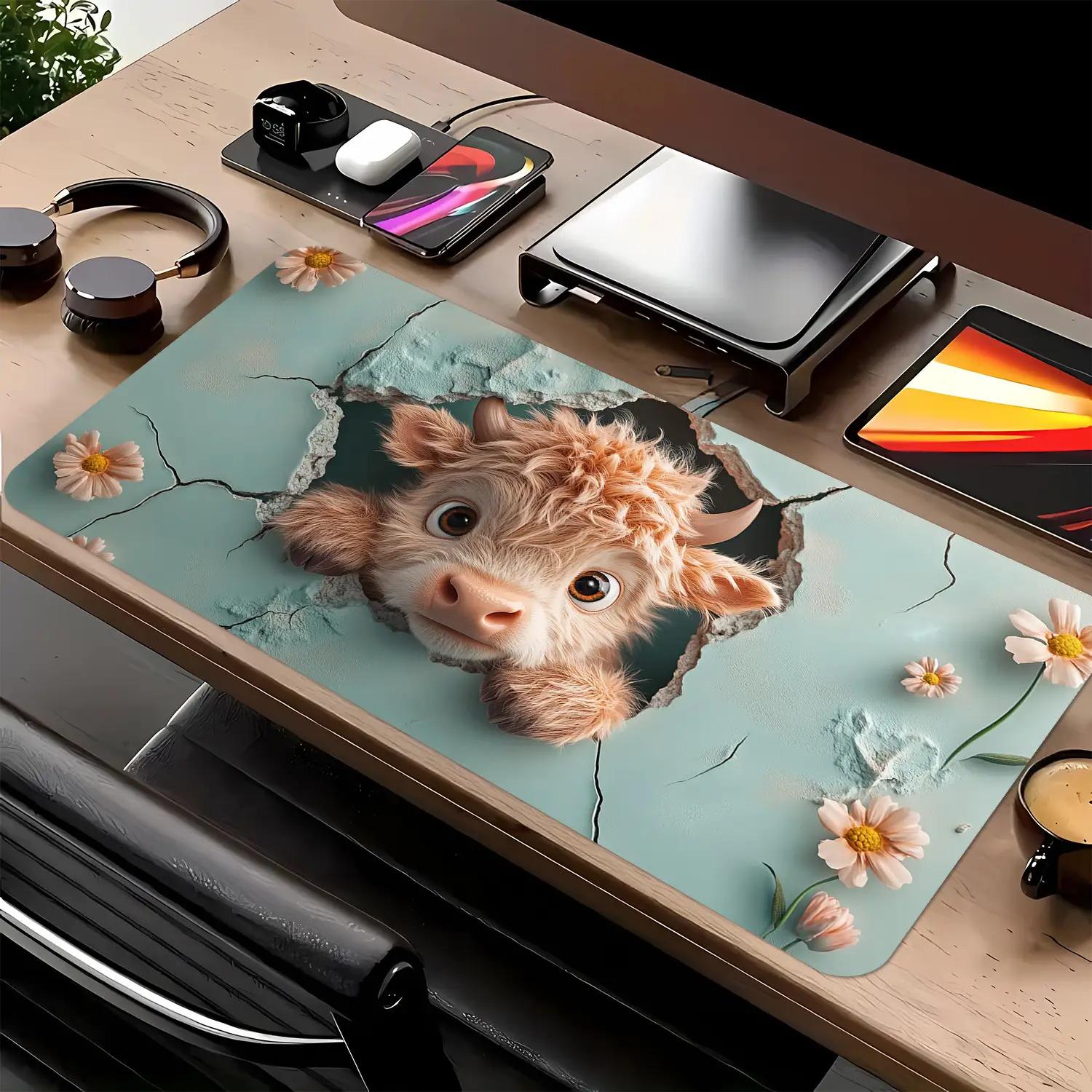 1pc Cute Highland Cow Scottish Cow Desk Mat |   Non-Slip Mouse Pad & Keyboard Cover, Turquoise Cracked Ice-like Texture with Pink Flowers, Soft Blue Computer Accessory for Office, Room, Reusable Desk, 2D Flat