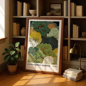 Kyoto Forest Reserve Vintage Art Print – Japanese Landscape Poster, Japandi Nature Wall Decor for Living Room or Office, UNFRAMED