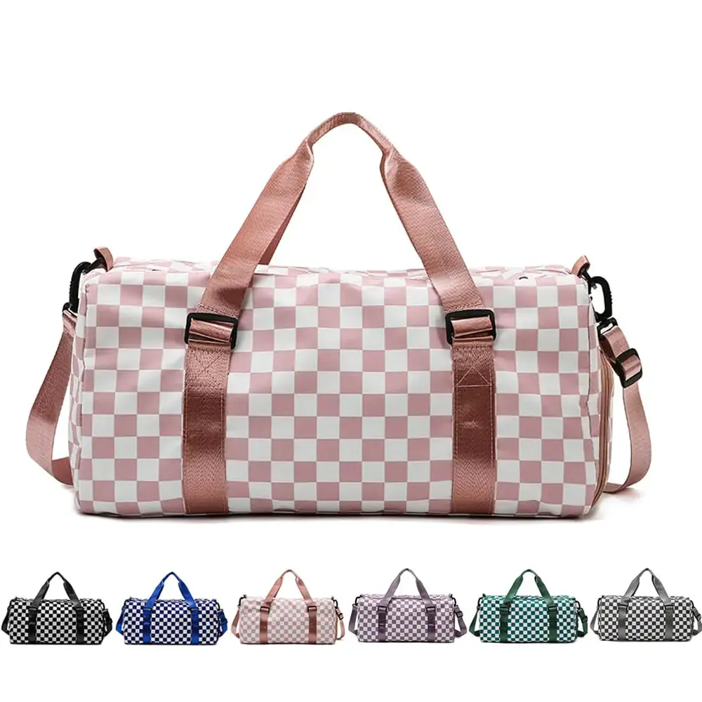 Checkered Gym Bag with Shoes Compartment & Wet Pocket Sports Duffel Bags for Women/Men Dance Bag for Girls Travel Overnight Bag Weekend Bag (pink)