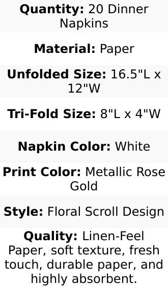 20 Pack White Linen-Feel Paper Napkins with Rose Gold Floral Print, Premium Cloth-Like Airlaid Dinner Napkins, Disposable Soft and Absorbent Guest Towels
