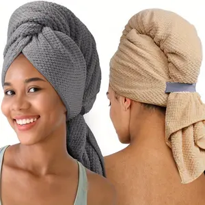 2 Pack Microfiber Hair Towel Wrap for Women, Soft Hair Drying Towel with Elastic Band, Fast Drying Hair Turbans for Wet Curly Long Hair, Microfiber Towel for Hair Anti Frizz