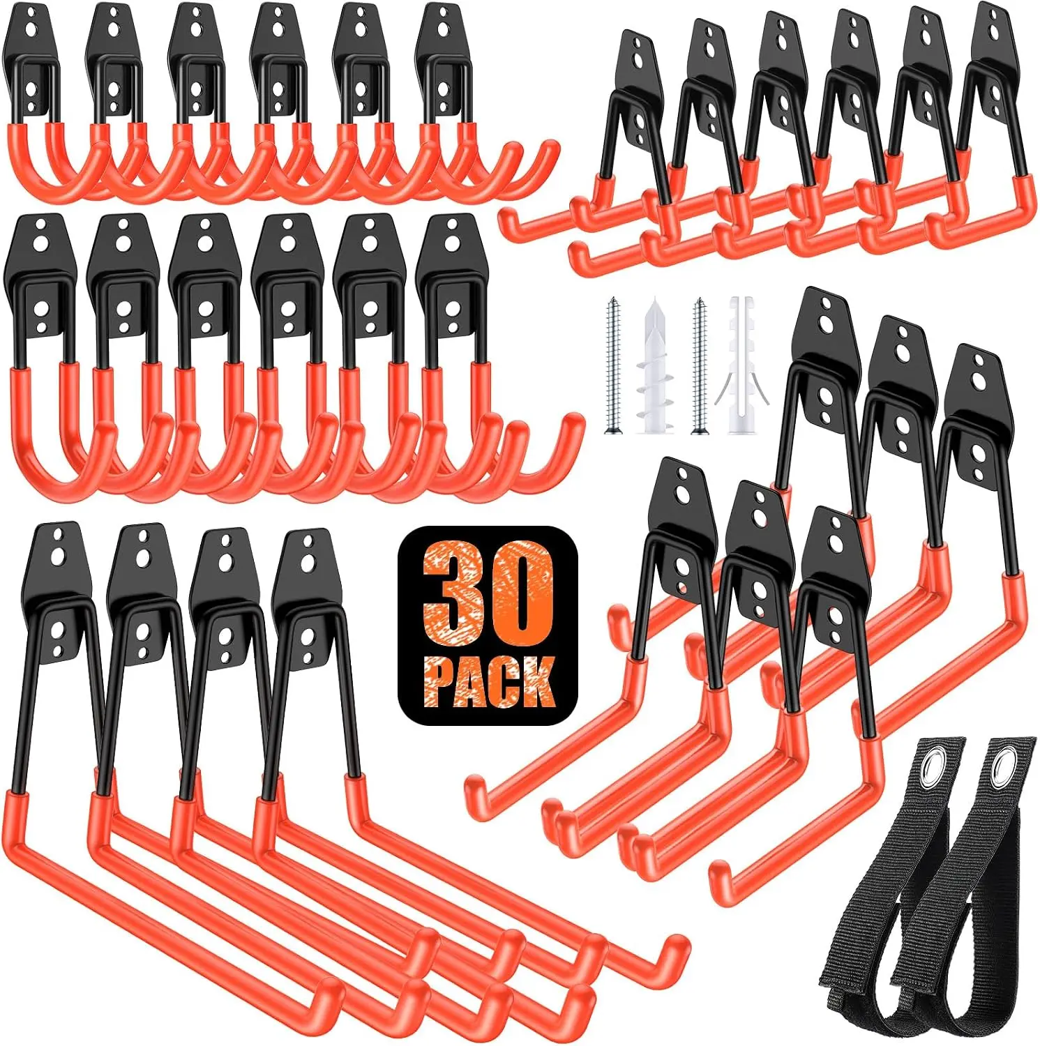 30 Pack Heavy Duty Garage Hook,Solid Steel Garage Storage Hook,Wall Mount Garage Double Hook Organizer for Hanging Ladder,Bike,Garage,Ropes, Broom, Gardening Equipment,Yard Tools, Orange