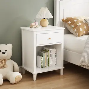Modern Nightstand, Nightstand with One Drawer,  Night Stand for Bedroom, 2-Tier Storage Side Table for Living Room, Bedroom, White