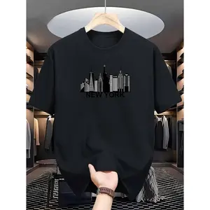 Everyday Comfort |   Men's Light Blue New York City Skyline Graphic T-Shirt - Casual, Comfortable Polyester, Short Sleeve, Round Neck, Machine Washable, Summer Fashion Tee, Casual T Shirts Cotton Menswear