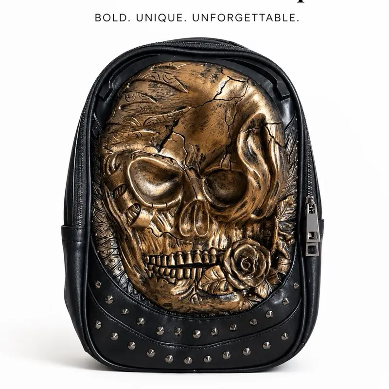 Gothic 3D Gold Skull Rose Dual-Functional Zip Backpack - Lightweight, Waterproof, Unisex Gothic Designer Carry-All, Ideal for Adults Gifts, Travel Backpacks, SKU:3289