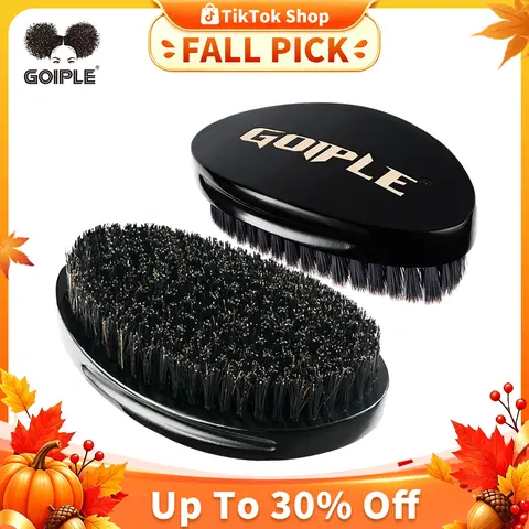 Goiple Ergonomic Durable Grooming Brush - Barber Equipment with Hard Boar & Nylon Bristles, Wood Base, Black Compact Design for Wolfing & Daily Use, Creates Effortless Defined Waves