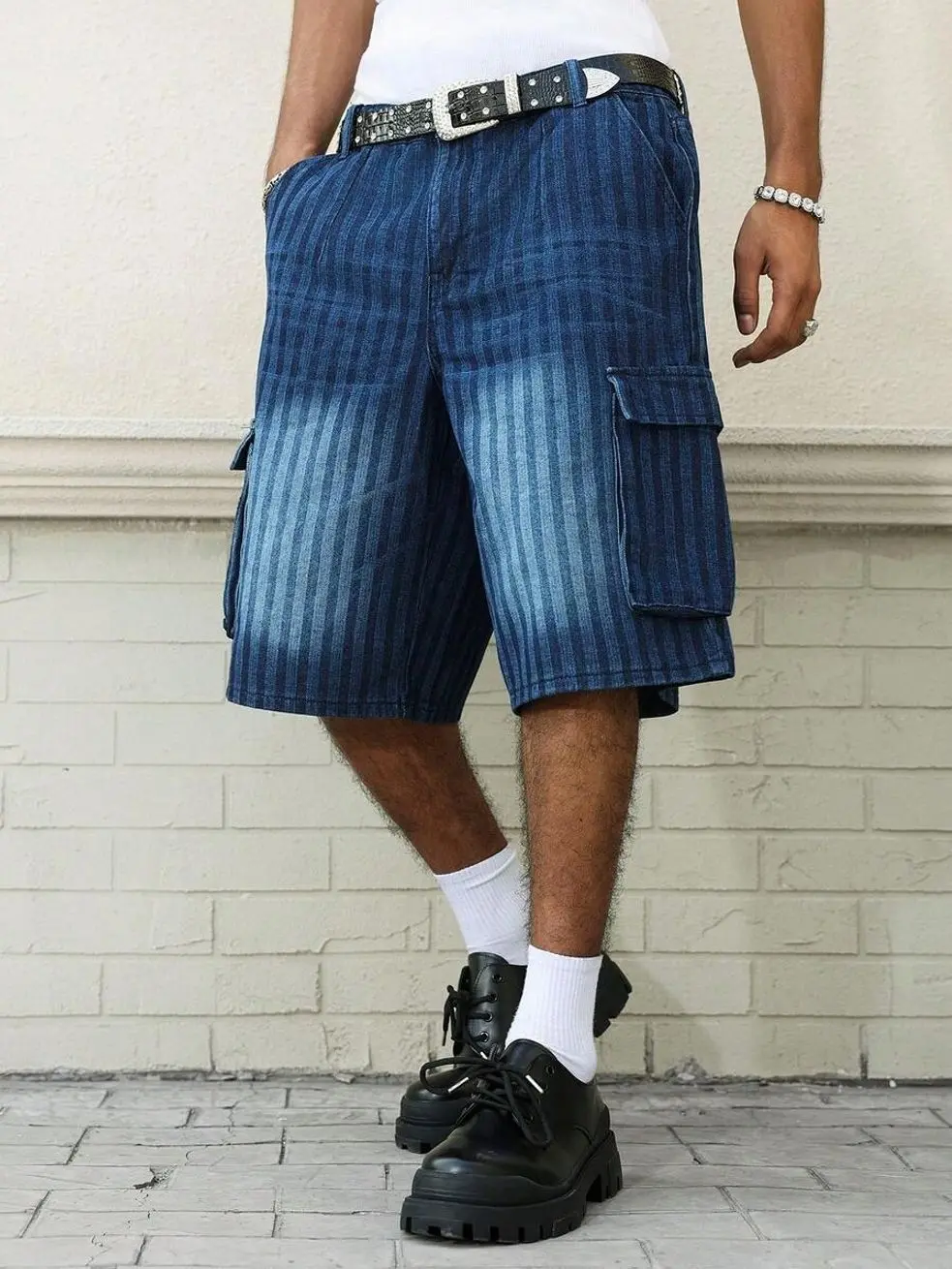 Men’s clothes - Men's Gradient Denim Shorts, Striped Flap Pocket Jean Shorts, Casual Summer Commuter Wear vacation outfits men's clothing mens clothing male clothing trending clothes y2k clothing streetwear clothing