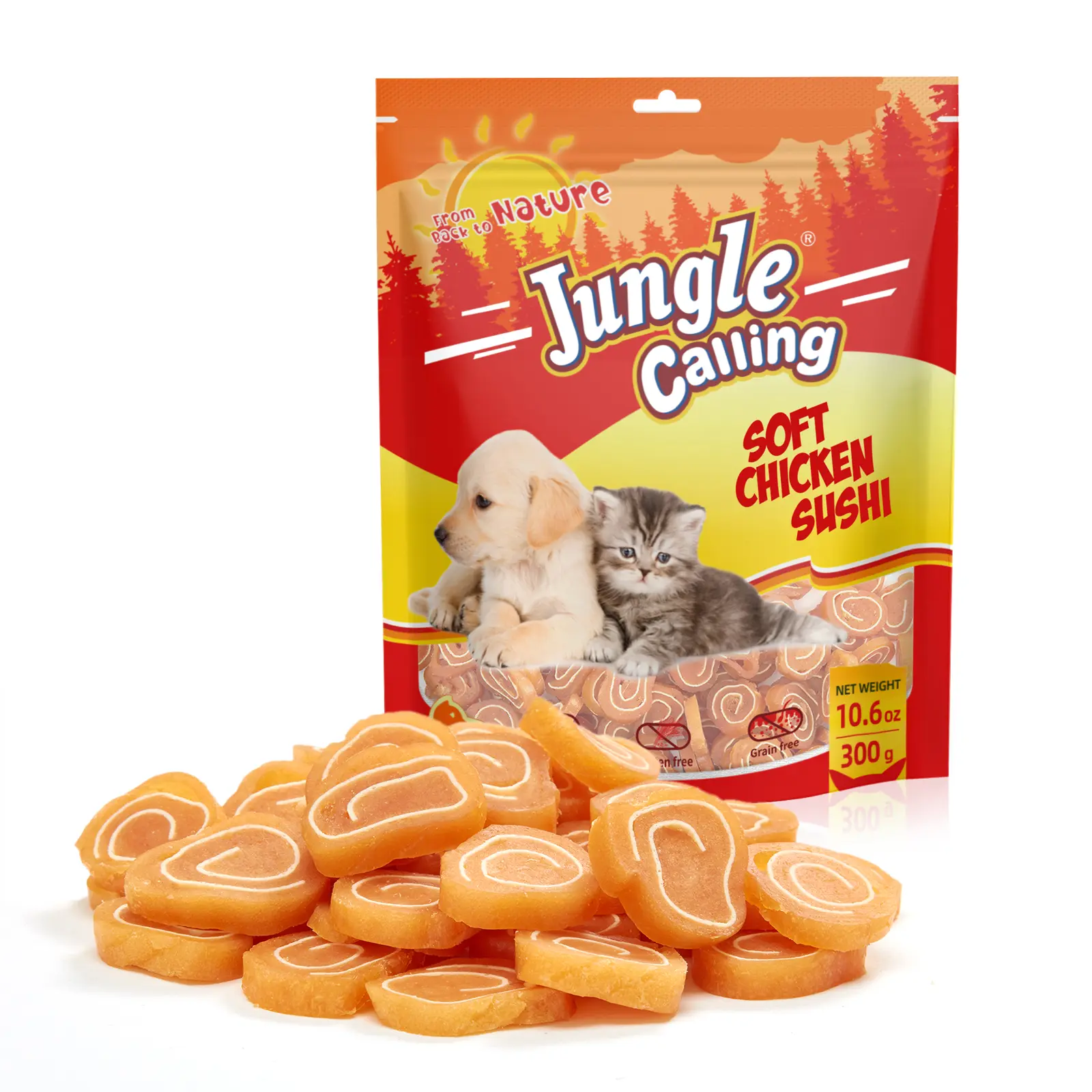 Jungle Calling Soft Chicken & Codfish Treats for Dogs & Cats, High-Protein Chewy Pet Snacks for Small & Medium Dogs and Cats, Chicken Sushi Training Treats, Reward Bites, Dog Treats, Cat Treats, Cod Fish Treats, Dog Snacks, Cat Snacks, 10.6 oz Bag