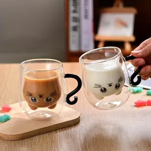 Cute Cat Theme Glass Cup, Coffee Milk Insulated Double Wall Mug, Suitable for Espresso and Various Drinks, All Seasons Use, Ideal Gift Choice
