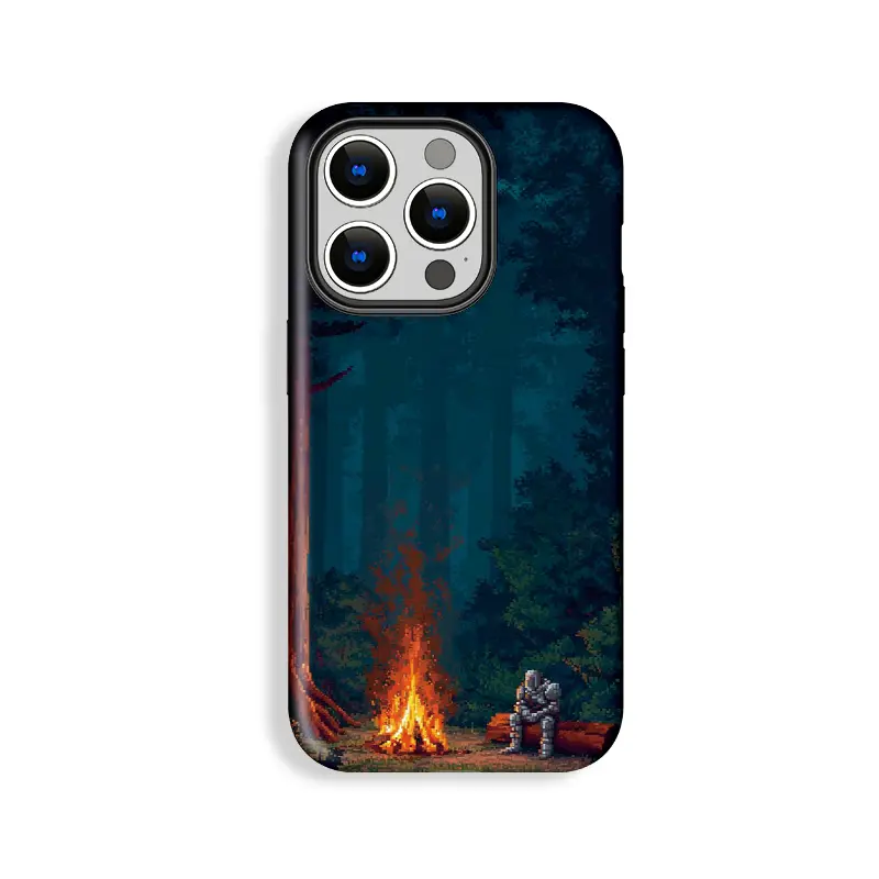 Retro Rugged Polycarbonate Smartphone Case - Pixel-Style Forest Knight Campfire Pattern, Shockproof Double-Shell Anti-Drop Durable Cover, Wear-Resistant Accessory for Pixel Lovers & Handheld Devices, Fits iPhone 11/12/13/14/15/16/17 Pro Promax Plus Air, C