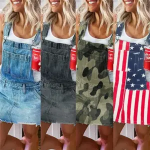 2024 Summer Independence Day Fourth Of July Women Denim Bib Overall Dress American Flag Print Sleeveless Casual Fit Patchwork Romper Womenswear