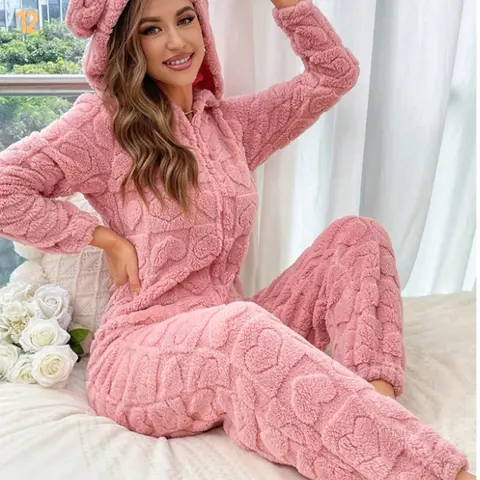Women's Fuzzy Soft Onesie Jumpsuit Pajamas Set Nightwear Loungewear, Long Sleeve Hooded Zipper Design, Cute Heart Pattern, Thick Fabric, Fall & Winter Home Wear