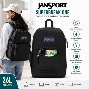 JanSport SuperBreak One Black Backpack 25L – Lightweight Durable Bookbag with Front Organizer Pocket, School Backpack for Students, College, Office, Travel & Everyday Carry