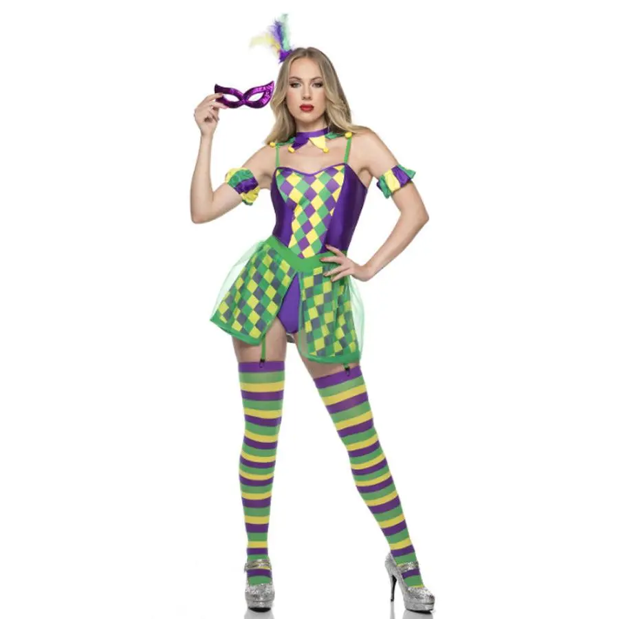 Women's Carnival Dress, 5-Piece Mardi Gras Halloween Costume Set with Checker Print, Tulle Overlay, Mask & Accessories, Clothes, Matching